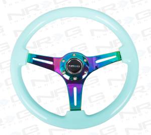 NRG Innovations - NRG Innovations 350mm Classic Wood Grain Steering Wheel - Minty Fresh w/ Neochrome Spokes