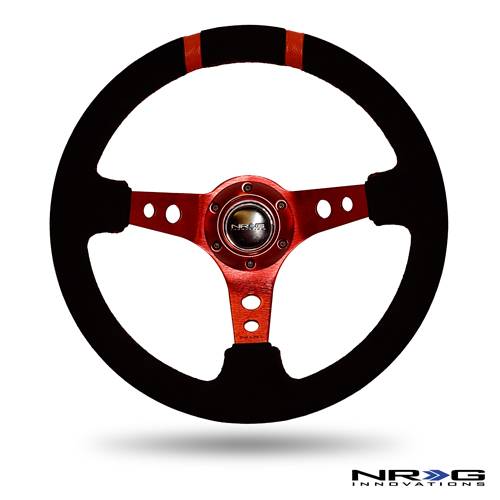 NRG Innovations - NRG Innovations Limited Edition 350mm Sport Suede Steering Wheel (3" Deep) - Red w/ Red Double Center Markings