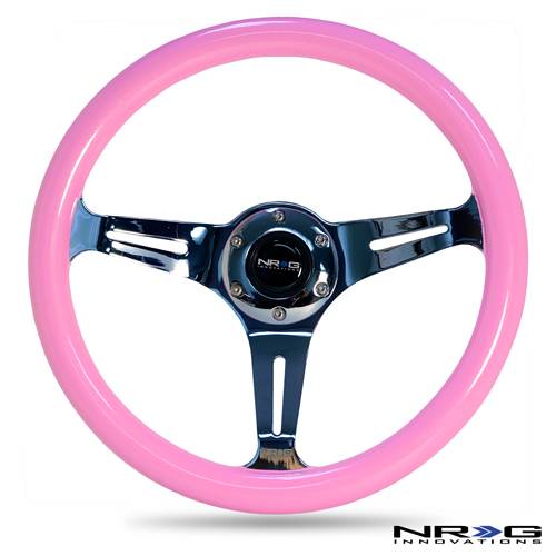 NRG Innovations - NRG Innovations Classic Wood Grain Wheel 350mm - 3 Spoke Center Chrome - Pink