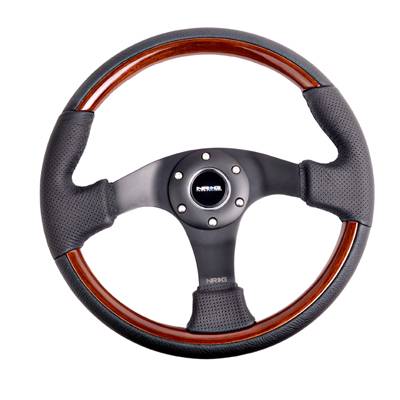 NRG Innovations - NRG Innovations Classic Wood Grain Wheel 350mm Leather Wheel w/ Wood Accents - 3 Spoke Center Black