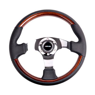 NRG Innovations - NRG Innovations Classic Wood Grain Wheel 350mm Leather Wheel w/ Wood Accents - 3 Spoke Center Chrome