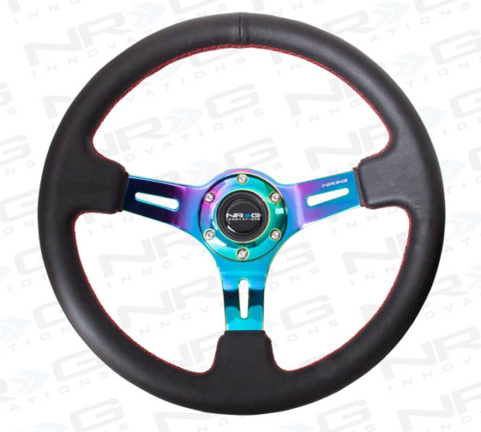 NRG Innovations - NRG Innovations 350mm Black Leather Steering Wheel (3" Deep) - Black Leather, Red Stitch w/ Neochrome Spokes