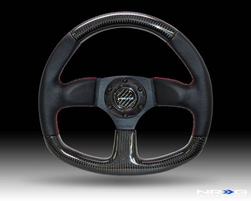 NRG Innovations - NRG Innovations 320mm Flat Bottom Carbon Fiber Steering Wheel - Red Stitching