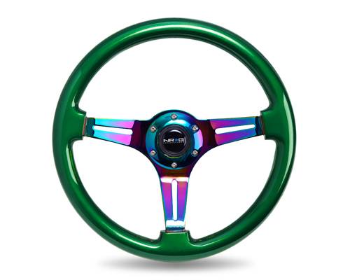 NRG Innovations - NRG Innovations 350mm Classic Wood Grain Steering Wheel - Green w/ Neochrome Spokes