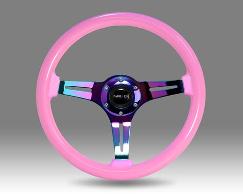 NRG Innovations - NRG Innovations 350mm Classic Wood Grain Steering Wheel - Pink w/ Neochrome Spokes