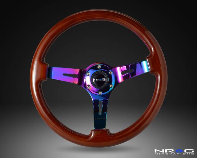 NRG Innovations - NRG Innovations 350mm Classic Dark Wood Grain Wheel (3in Deep) - Dark Wood w/ Neochrome Spokes