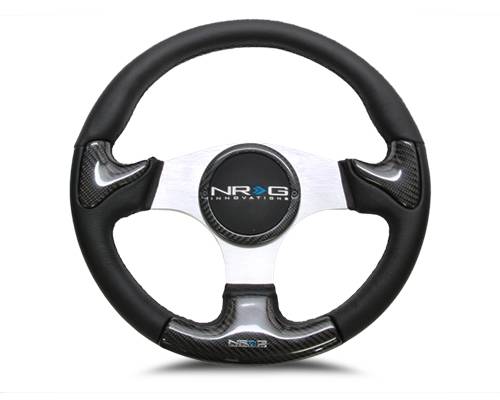 NRG Innovations - NRG Innovations 350mm Carbon Fiber Steering Wheel - Silver Frame and Stitching w/ Rubber Horn Button