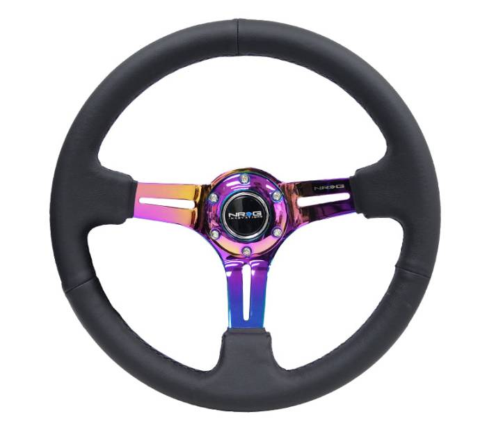 NRG Innovations - NRG Innovations Steering Wheel (350mm / 3in. Deep) Black Leather / Black Stitch w/ Neochrome Slits