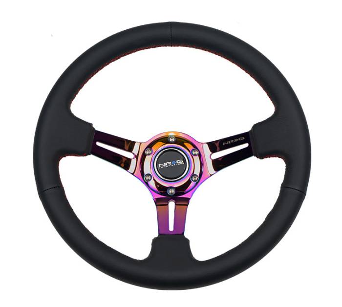 NRG Innovations - NRG Innovations Steering Wheel (350mm / 3in. Deep) Black Leather / Red Stitch w/ Neochrome Slits