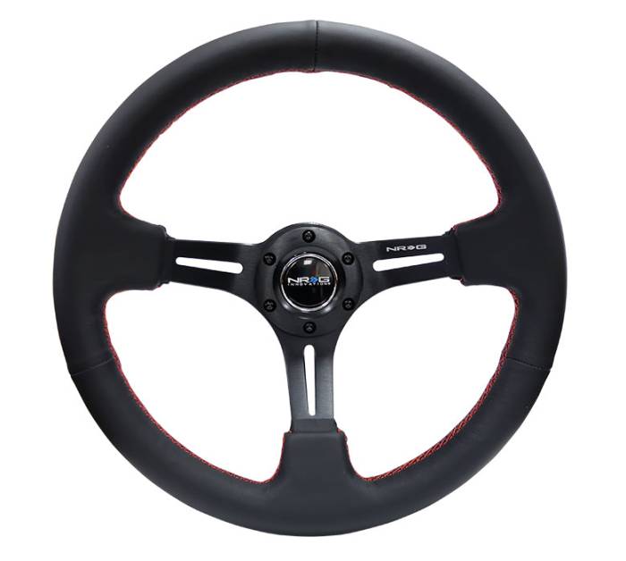 NRG Innovations - NRG Innovations Steering Wheel (350mm / 3in. Deep) Black Leather / Red Stitch & Black 3-Spoke w/ Slits