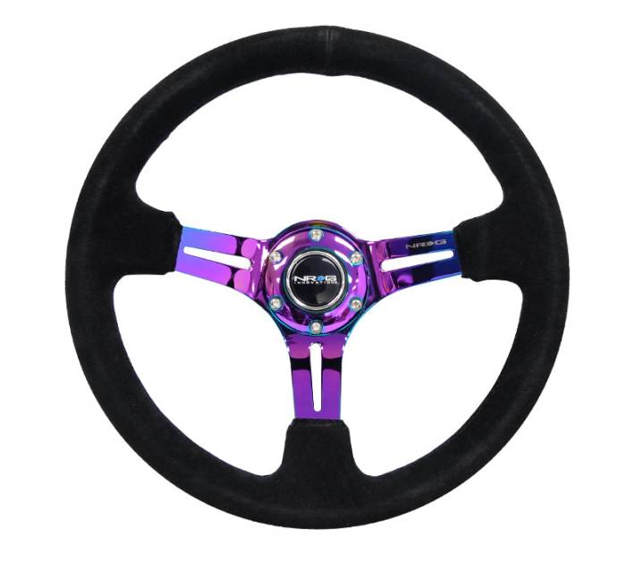 NRG Innovations - NRG Innovations Steering Wheel (350mm / 3in. Deep) Black Suede / Black Stitch w/ Neochrome Slits