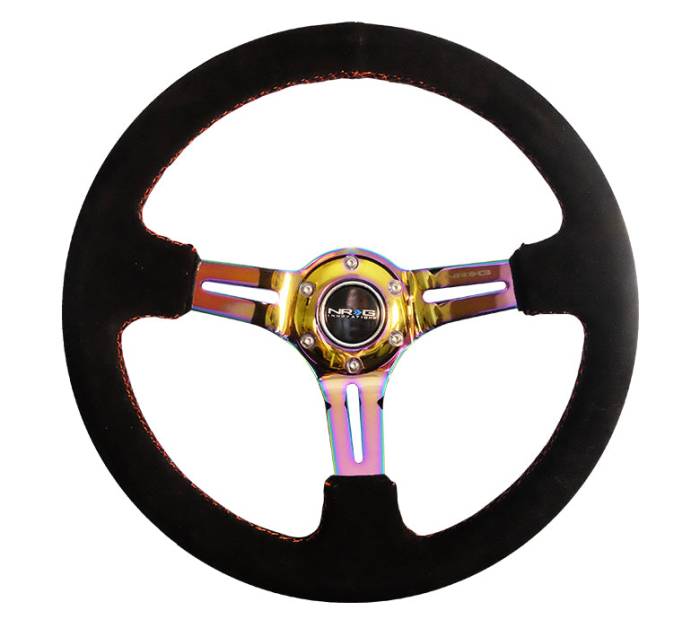 NRG Innovations - NRG Innovations Steering Wheel (350mm / 3in. Deep) Black Suede / Red Stitch w/ Neochrome Slits