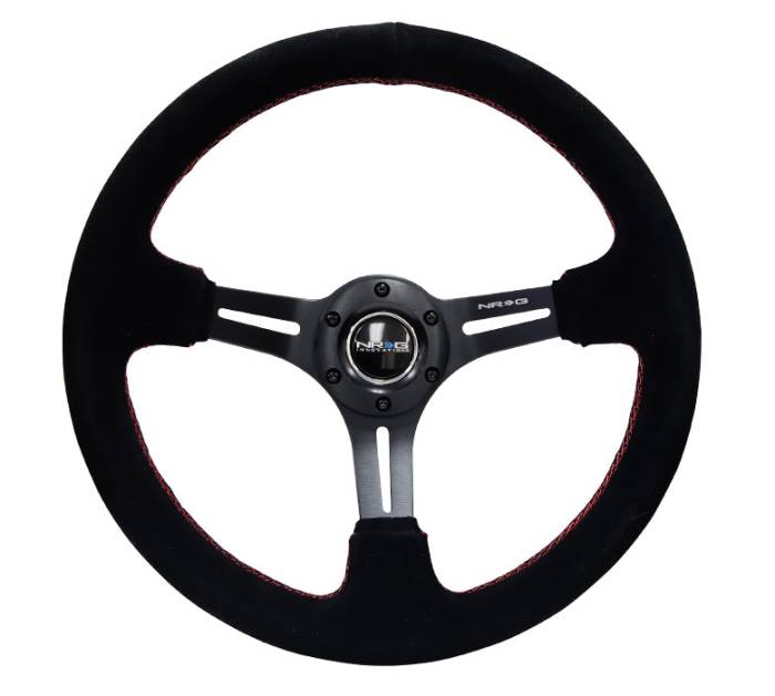 NRG Innovations - NRG Innovations Steering Wheel (350mm / 3in. Deep) Black Suede w/ Red Stitching & 5mm Spokes w/ Slits