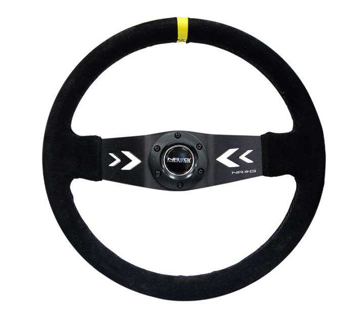 NRG Innovations - NRG Innovations Steering Wheel (350mm / 3in. Deep) Black Suede w/ NRG Arrow Cut 2-Spoke & Yellow Mark