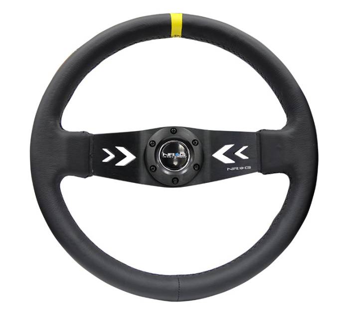 NRG Innovations - NRG Innovations Steering Wheel (350mm / 3in. Deep) Black Leather w/ NRG Arrow-Cut 2-Spoke & Sgl Yellow CM