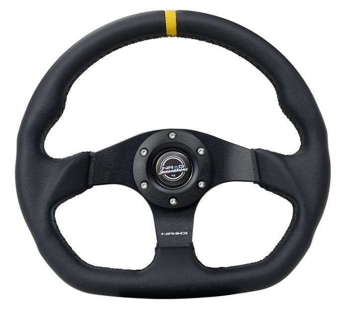 NRG Innovations - NRG Innovations Steering Wheel (320mm) Sport Leather Flat Bottom w/ Yellow Center Mark