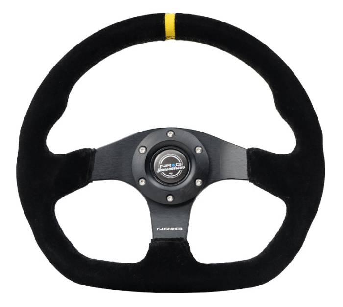 NRG Innovations - NRG Innovations Steering Wheel (320mm) Sport Suede Flat Bottom w/ Yellow Center Mark