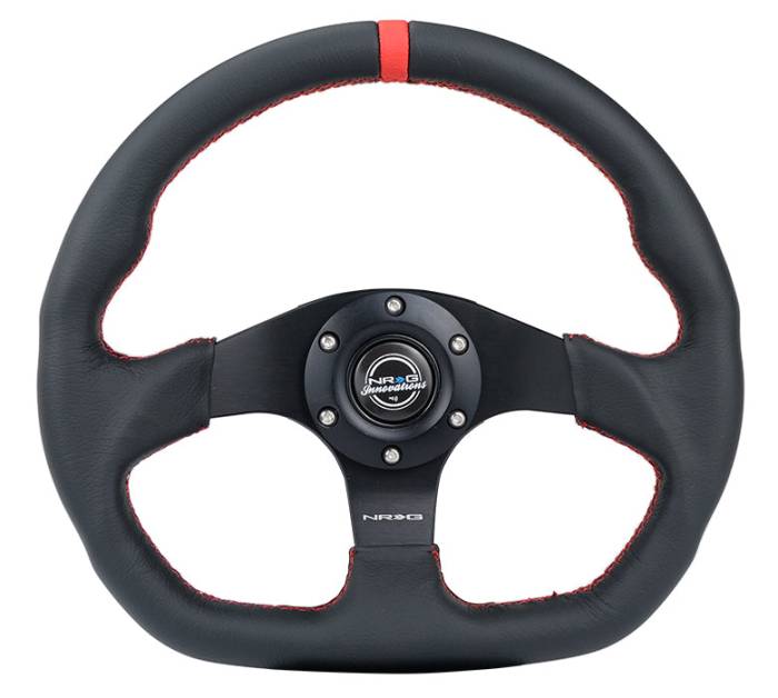 NRG Innovations - NRG Innovations Steering Wheel (320mm) Sport Leather Flat Bottom w/ Red Center Mark/ Red Stitching