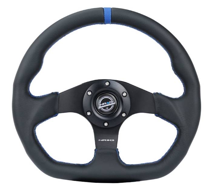 NRG Innovations - NRG Innovations Steering Wheel (320mm) Sport Leather Flat Bottom w/ Blue Center/ Blue Stitching