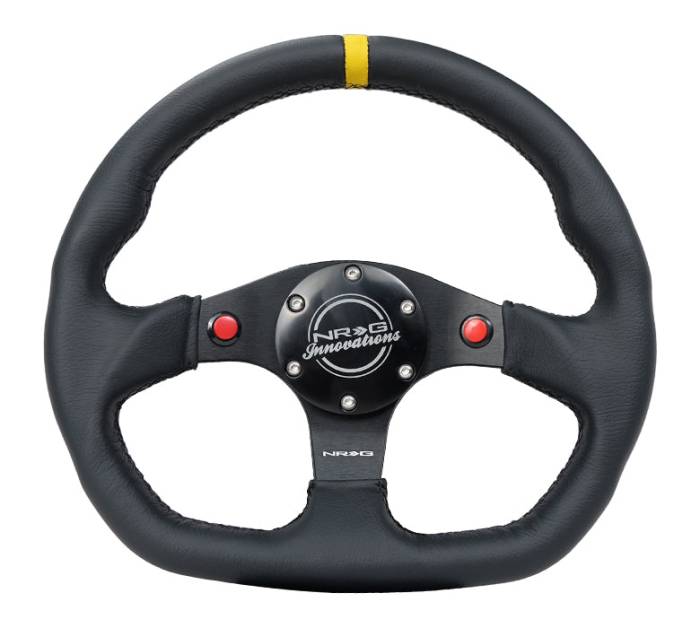 NRG Innovations - NRG Innovations Steering Wheel (320mm) Sport Leather Dual Push Buttons Flat Bottom w/ Yellow Center