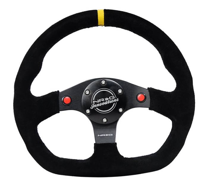 NRG Innovations - NRG Innovations Steering Wheel (320mm) Sport Suede Dual Push Buttons Flat Bottom w/ Yellow Center