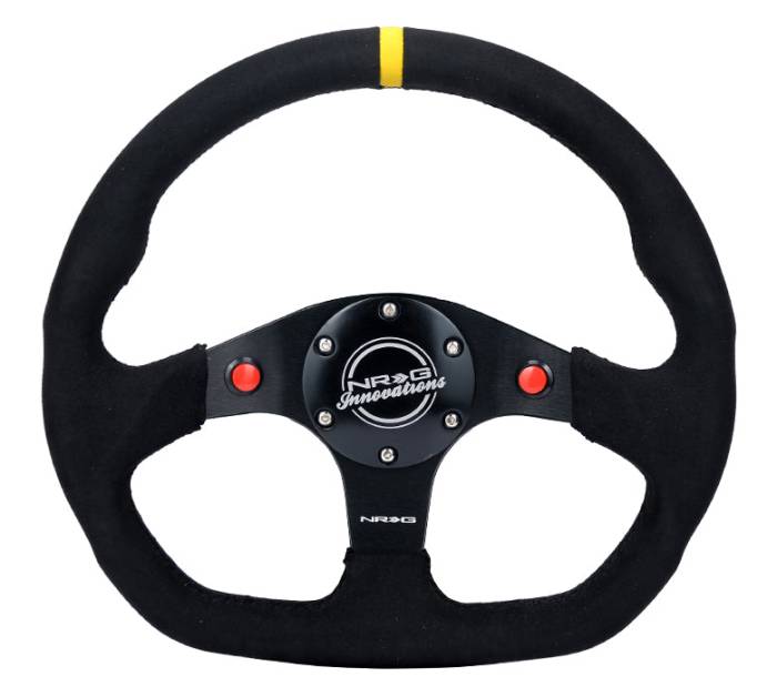 NRG Innovations - NRG Innovations Steering Wheel (320mm) Sport Alcantara Dual Push Buttons Flat Bottom w/ Yellow Center