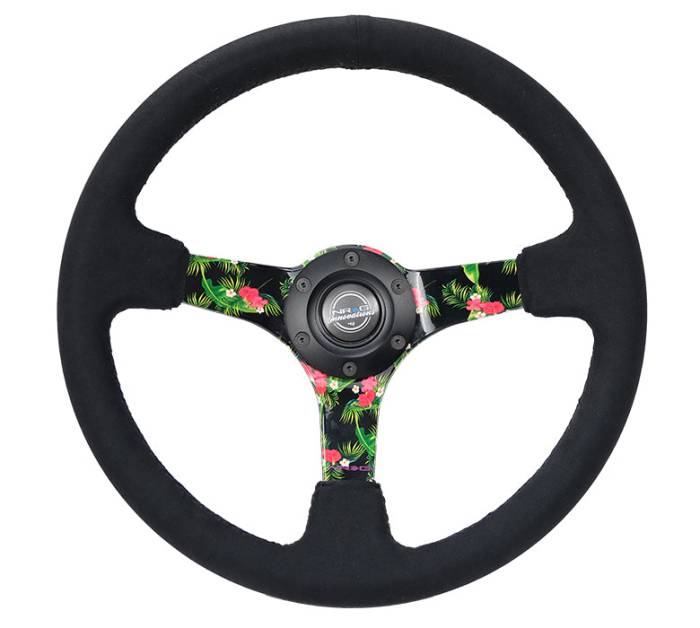 NRG Innovations - NRG Innovations Steering Wheel (350mm / 3in. Deep) Black Suede w/ 5mm Floral 3-Spoke Center