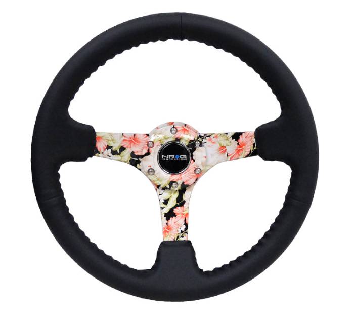 NRG Innovations - NRG Innovations Steering Wheel (350mm / 3in. Deep) Black Leather Floral Dipped w/ Black Baseball Stitch