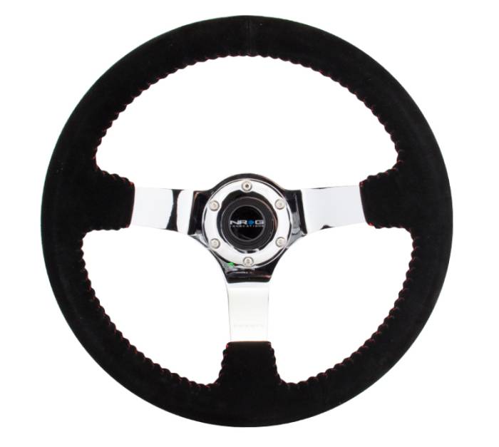 NRG Innovations - NRG Innovations Steering Wheel (350mm / 3in. Deep) Black Suede w/ Red BBall Stitch & Chrome 3-Spoke