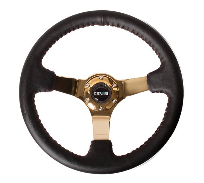 NRG Innovations - NRG Innovations Steering Wheel (350mm / 3in. Deep) Black Leather / Red BBall Stitch w/ 4mm Gold Spokes