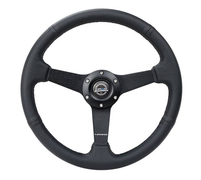 NRG Innovations - NRG Innovations Steering Wheel (350mm / 1.5in Deep) Black Leather Black Stitch w/ Matte Black Solid Spokes