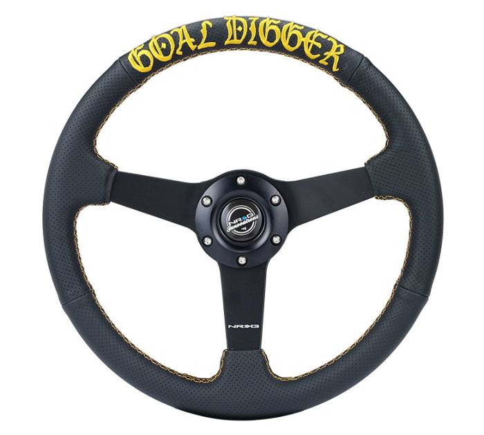 NRG Innovations - NRG Innovations Steering Wheel (350mm / 1.5in Deep) Black Leather / Gold Stitch w/ Matte Black Solid Spokes