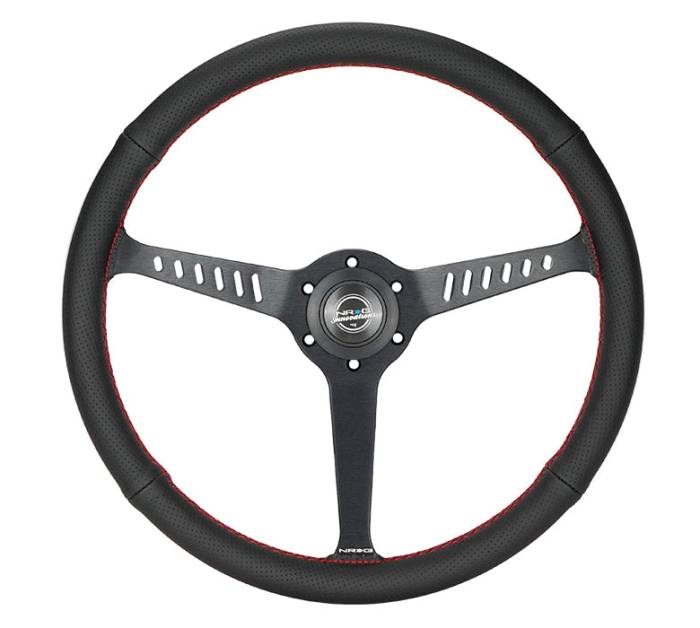 NRG Innovations - NRG Innovations Reinforced Stealth Wheel (380mm / 1in Deep Dish) 3 Spoke Center - Perforated Leather Black Stitch