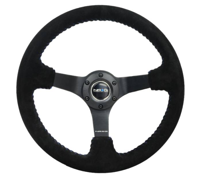 NRG Innovations - NRG Reinforced Steering Wheel (350mm / 3in. Deep) Black Suede/Blue BBall Stitch w/5mm Matte Black Spokes