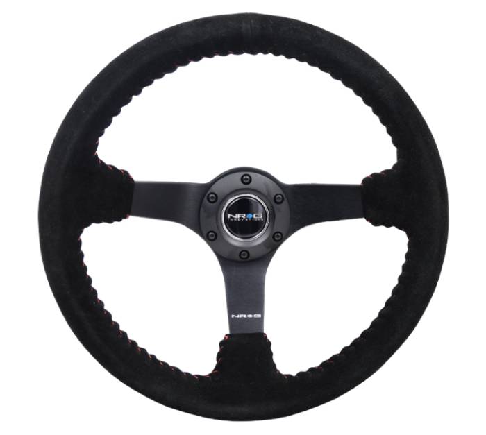 NRG Innovations - NRG Reinforced Steering Wheel (350mm / 3in. Deep) Black Suede/Red BBall Stitch w/5mm Matte Black Spokes