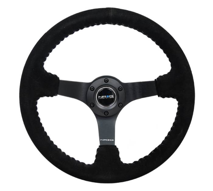 NRG Innovations - NRG Reinforced Steering Wheel (350mm / 3in. Deep) Black Suede/Silver BBall Stitch w/5mm Mt. Black Spokes