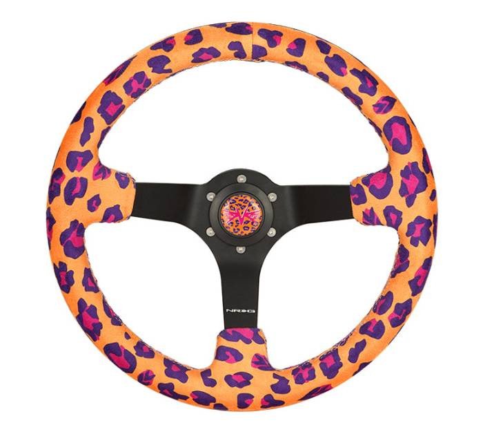 NRG Innovations - NRG Reinforced Steering Wheel (350mm/3in. Deep) SAVAGE Orange Leopard w/ Matte Black Spokes