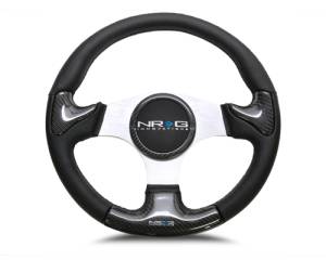 NRG Innovations - NRG Innovations 350mm Carbon Fiber Steering Wheel - Silver Frame and Stitching w/ Rubber Horn Button - Image 1