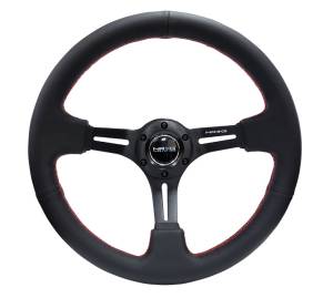 NRG Innovations - NRG Innovations Steering Wheel (350mm / 3in. Deep) Black Leather / Red Stitch & Black 3-Spoke w/ Slits - Image 1