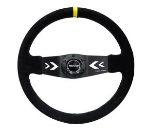 NRG Innovations - NRG Innovations Steering Wheel (350mm / 3in. Deep) Black Suede w/ NRG Arrow Cut 2-Spoke & Yellow Mark - Image 1