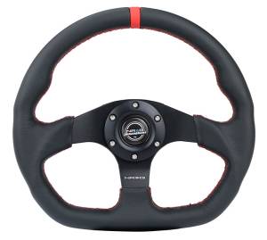 NRG Innovations - NRG Innovations Steering Wheel (320mm) Sport Leather Flat Bottom w/ Red Center Mark/ Red Stitching - Image 1