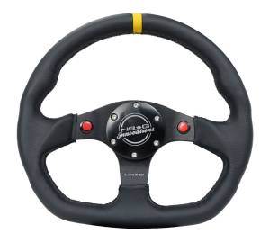 NRG Innovations - NRG Innovations Steering Wheel (320mm) Sport Leather Dual Push Buttons Flat Bottom w/ Yellow Center - Image 1