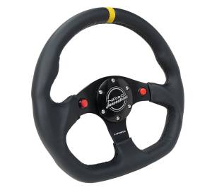 NRG Innovations - NRG Innovations Steering Wheel (320mm) Sport Leather Dual Push Buttons Flat Bottom w/ Yellow Center - Image 2