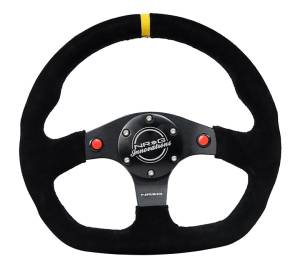 NRG Innovations - NRG Innovations Steering Wheel (320mm) Sport Suede Dual Push Buttons Flat Bottom w/ Yellow Center - Image 1