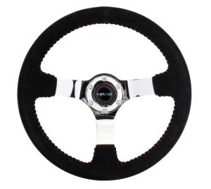 NRG Innovations - NRG Innovations Steering Wheel (350mm / 3in. Deep) Black Suede w/ Red BBall Stitch & Chrome 3-Spoke - Image 1