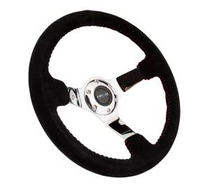 NRG Innovations - NRG Innovations Steering Wheel (350mm / 3in. Deep) Black Suede w/ Red BBall Stitch & Chrome 3-Spoke - Image 2