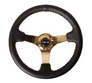 NRG Innovations - NRG Innovations Steering Wheel (350mm / 3in. Deep) Black Leather / Red BBall Stitch w/ 4mm Gold Spokes - Image 1