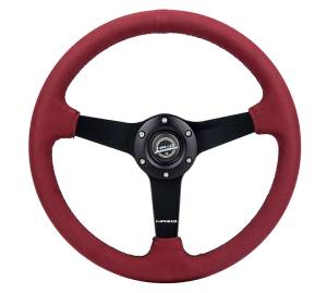 NRG Innovations - NRG Innovations Steering Wheel (350mm / 1.5in. Deep) 3 Solid Spokes - Burgundy - Micro Suede - Black Stitching - Image 1