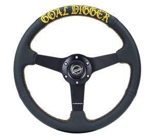 NRG Innovations - NRG Innovations Steering Wheel (350mm / 1.5in Deep) Black Leather / Gold Stitch w/ Matte Black Solid Spokes - Image 1