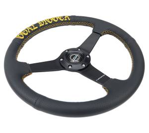 NRG Innovations - NRG Innovations Steering Wheel (350mm / 1.5in Deep) Black Leather / Gold Stitch w/ Matte Black Solid Spokes - Image 3